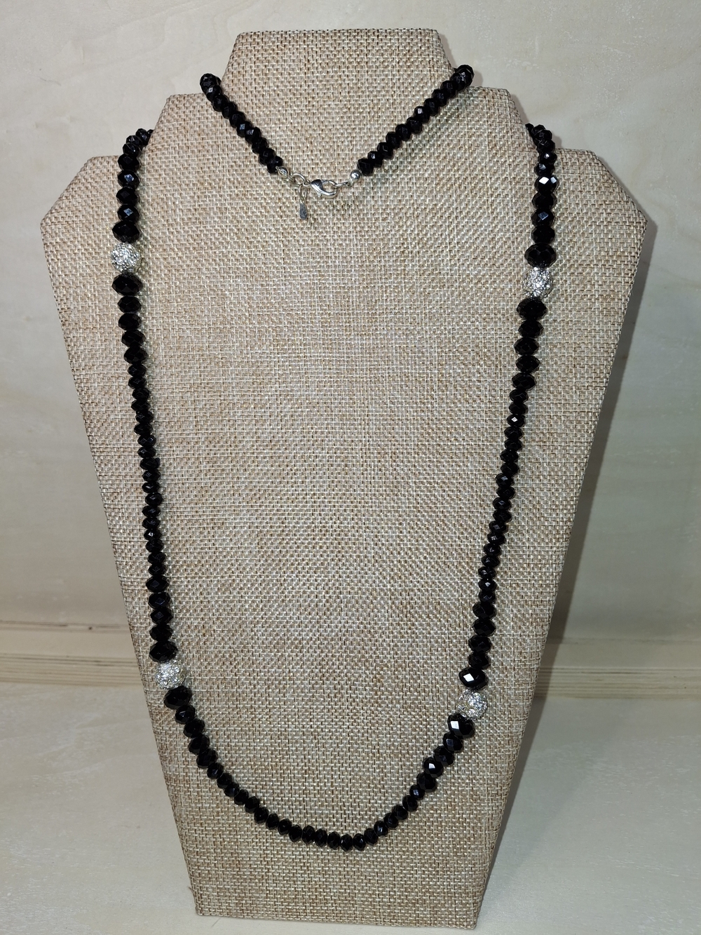 RMN Elegant Black Crystal Long Necklace with Silver Accent Beads